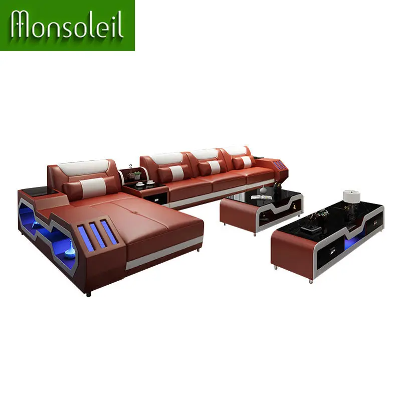 Factory Direct Sales Luxury Genuine Leather Sectional Sofa Set Modern Living Room Sponge Filled LED Light Stylish — image 6