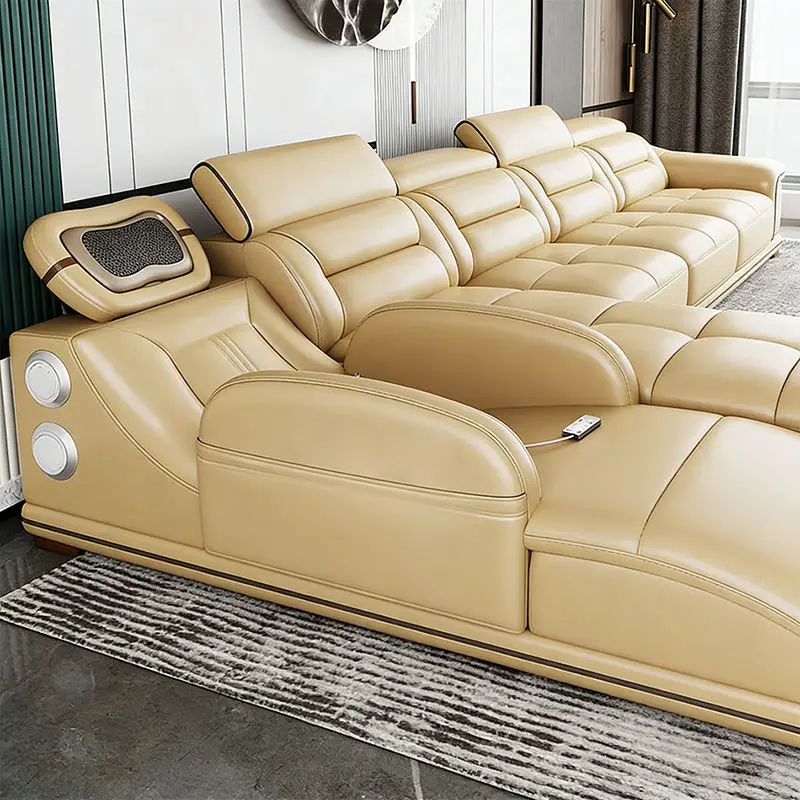 Modern Sponge Filled Leather Modular Reclining Sectional Sofa Set with Sofa Bed for Villa Apartment & Hotel Living Rooms — image 2