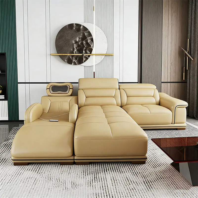 Modern Sponge Filled Leather Modular Reclining Sectional Sofa Set with Sofa Bed for Villa Apartment & Hotel Living Rooms — image 3