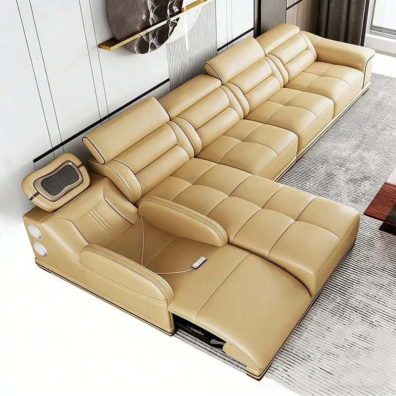 Modern Sponge Filled Leather Modular Reclining Sectional Sofa Set with Sofa Bed for Villa Apartment & Hotel Living Rooms — image 4