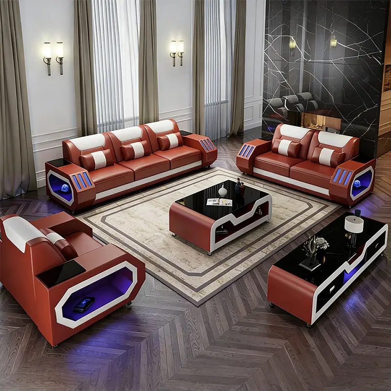 New Design Luxury Modern Leather Sofa Set Recliner Sponge Filled Villa Apartment Sectional Furniture Solid Wood Frame Modular — image 3