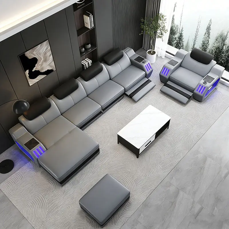 Luxurious Modern Leather L-Shape Modular Sectional Sofa Set Reclining Sofa Bed Solid Wood Frame Sponge-Filled for Villas Hotels — image 2