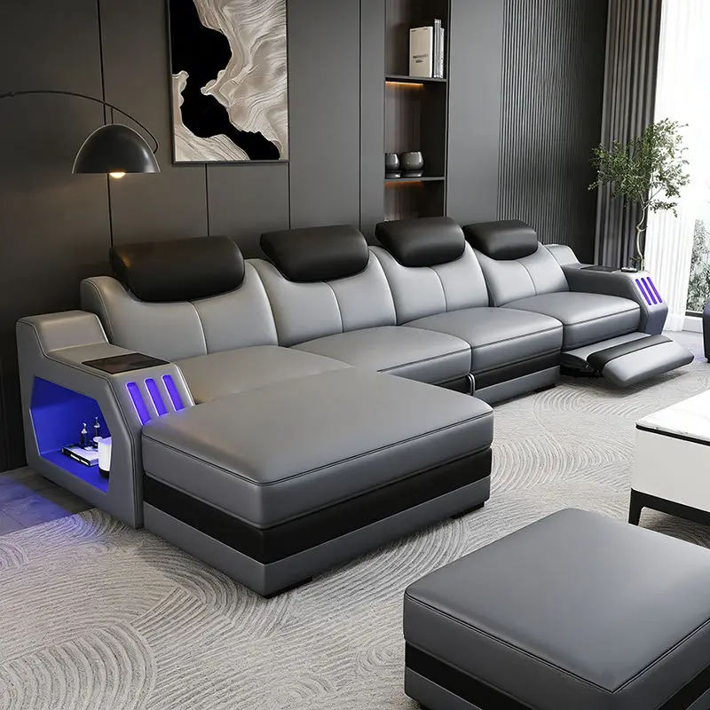 Luxurious Modern Leather L-Shape Modular Sectional Sofa Set Reclining Sofa Bed Solid Wood Frame Sponge-Filled for Villas Hotels — image 3