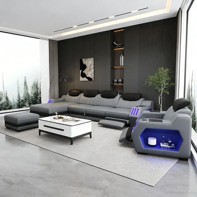 Luxurious Modern Leather L-Shape Modular Sectional Sofa Set Reclining Sofa Bed Solid Wood Frame Sponge-Filled for Villas Hotels — image 4