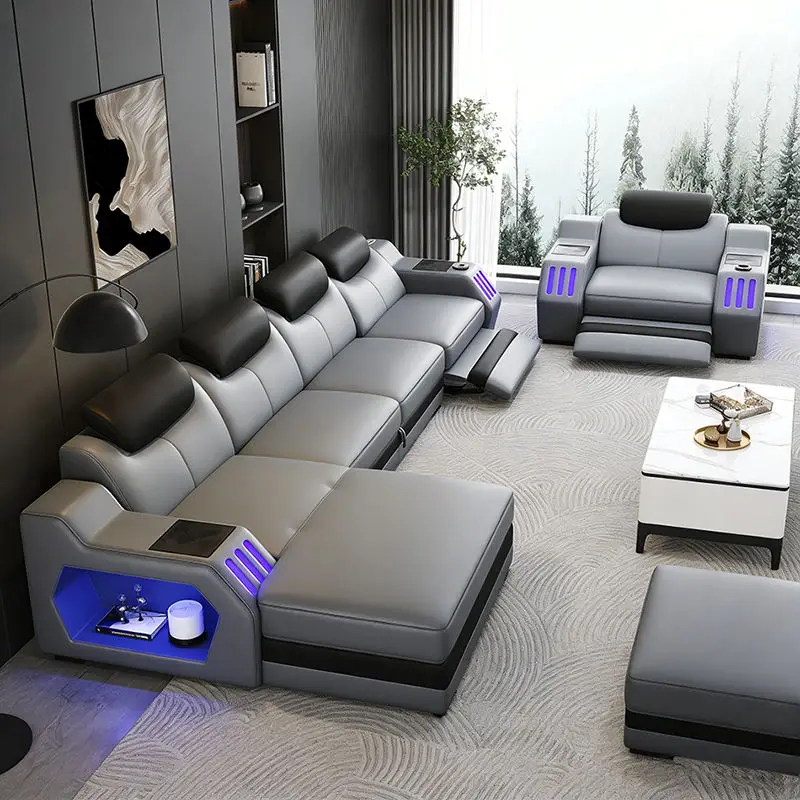Luxurious Modern Leather L-Shape Modular Sectional Sofa Set Reclining Sofa Bed Solid Wood Frame Sponge-Filled for Villas Hotels — image 6