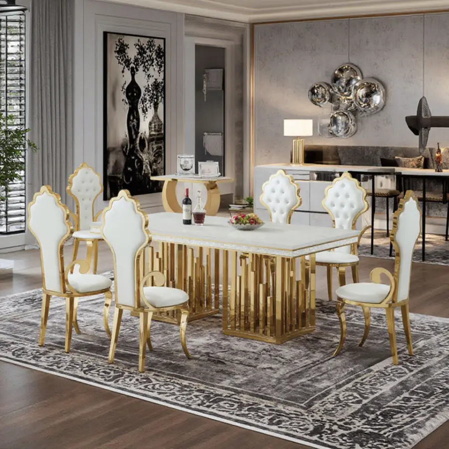 Golden Dinning Table Set Dining Room Furniture Stainless Steel Marble Dining Table Luxury Modern Dinning Table Set 6 Cha — view 1