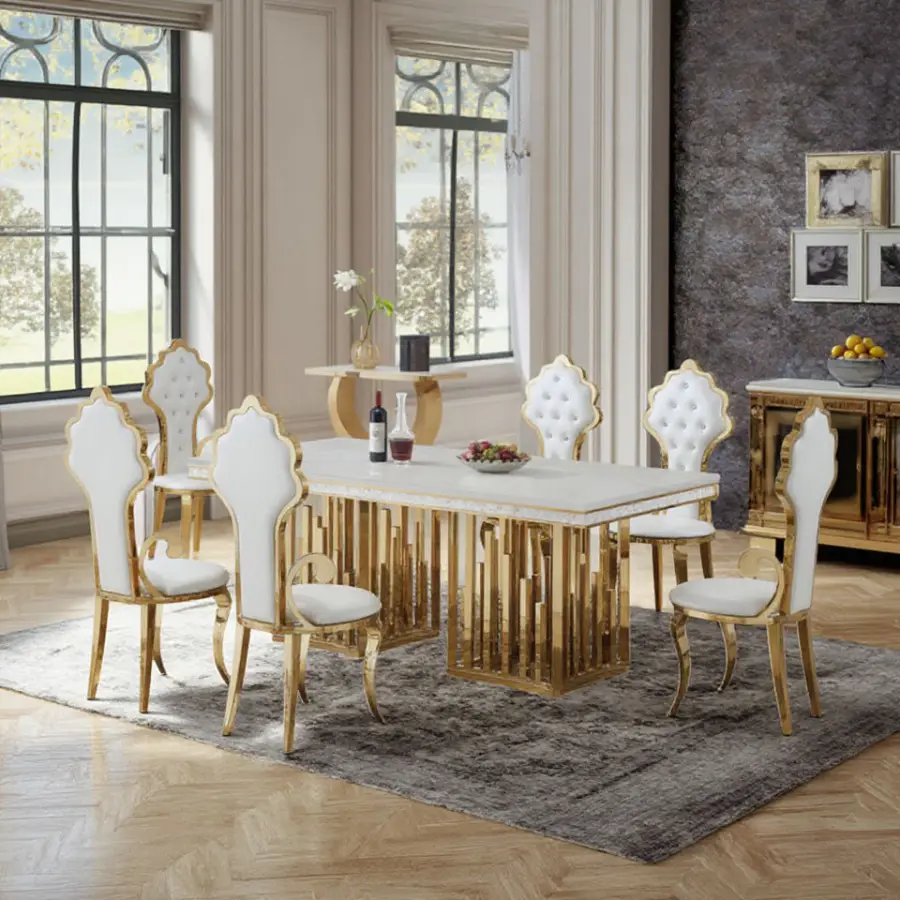 Golden Dinning Table Set Dining Room Furniture Stainless Steel Marble Dining Table Luxury Modern Dinning Table Set 6 Chairs — image 3