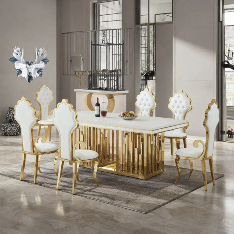 Golden Dinning Table Set Dining Room Furniture Stainless Steel Marble Dining Table Luxury Modern Dinning Table Set 6 Chairs — image 4