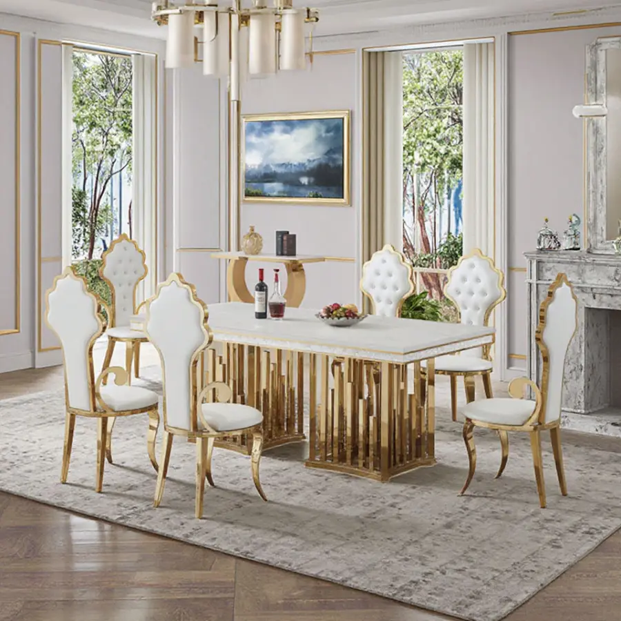 Golden Dinning Table Set Dining Room Furniture Stainless Steel Marble Dining Table Luxury Modern Dinning Table Set 6 Chairs — image 5