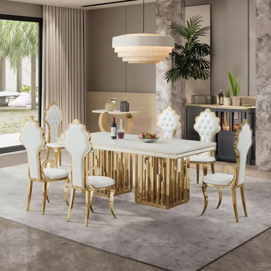 Golden Dinning Table Set Dining Room Furniture Stainless Steel Marble Dining Table Luxury Modern Dinning Table Set 6 Chairs — image 6