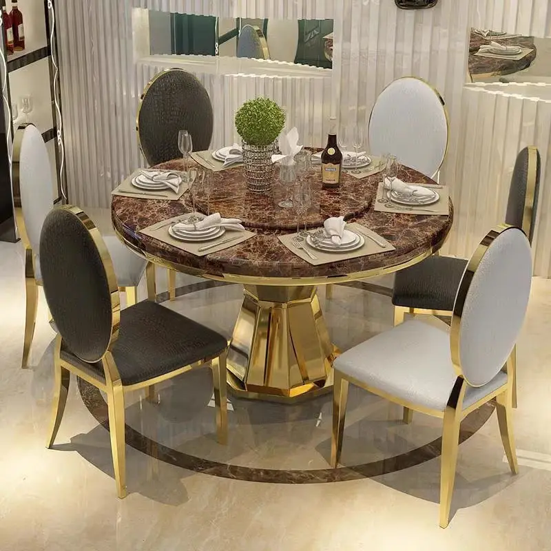 Modern Luxury Round Stone Top Dining Table Set 6 Seaters with Metal Steel Frame for Home & Hotel Use — image 3