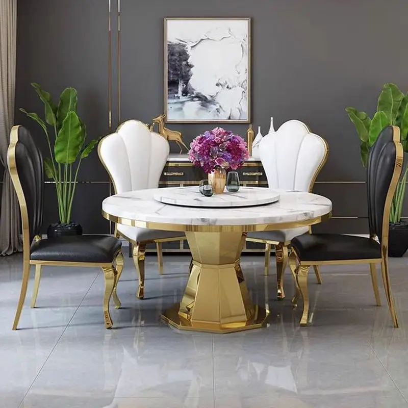 Modern Luxury Round Stone Top Dining Table Set 6 Seaters with Metal Steel Frame for Home & Hotel Use — image 4