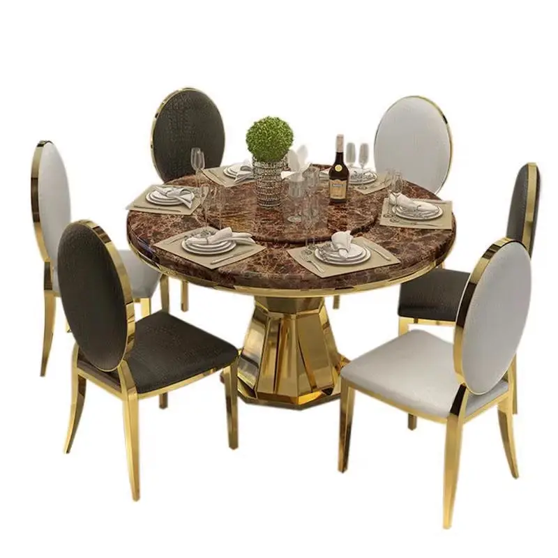 Modern Luxury Round Stone Top Dining Table Set 6 Seaters with Metal Steel Frame for Home & Hotel Use — image 5