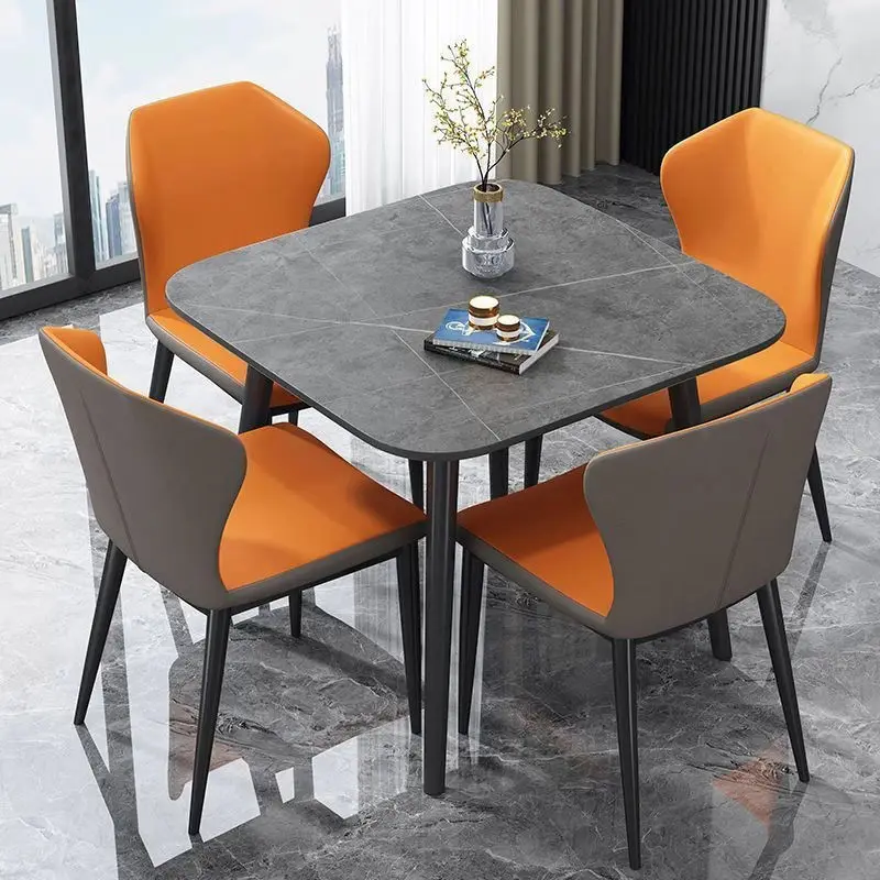 Modern Marble Stone Slab Dining Table Set with Metal Legs Rectangular Design for Home Hotel Kitchen Use Includes 4 Chair — view 1