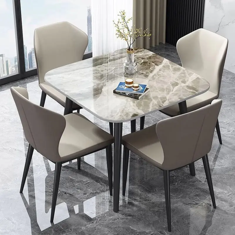 Modern Marble Stone Slab Dining Table Set with Metal Legs Rectangular Design for Home Hotel Kitchen Use Includes 4 Chairs — image 4