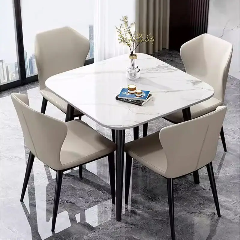 Modern Marble Stone Slab Dining Table Set with Metal Legs Rectangular Design for Home Hotel Kitchen Use Includes 4 Chairs — image 5