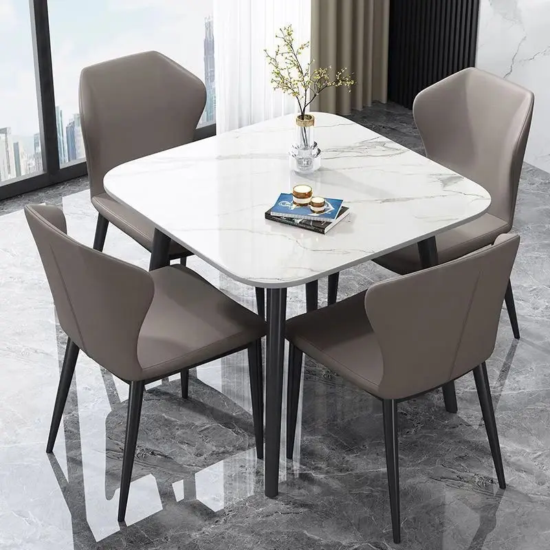 Modern Marble Stone Slab Dining Table Set with Metal Legs Rectangular Design for Home Hotel Kitchen Use Includes 4 Chairs — image 6