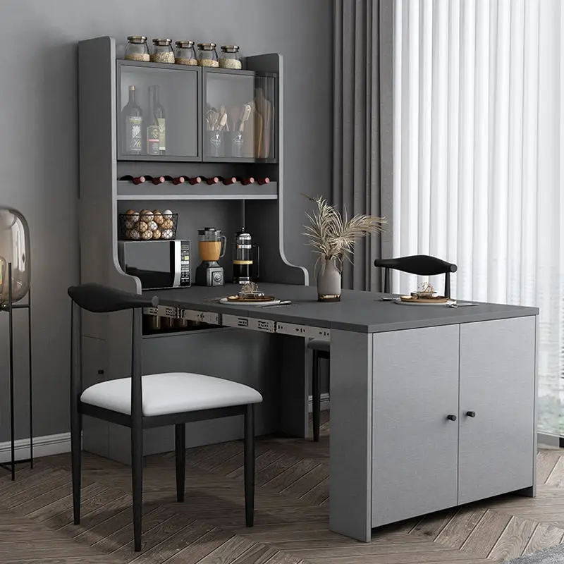 Modern Dining Room Furniture Sets Wood Dinner Table with Wine Cabinet and Sideboard Adjustable Extendable Dining Table S — view 1