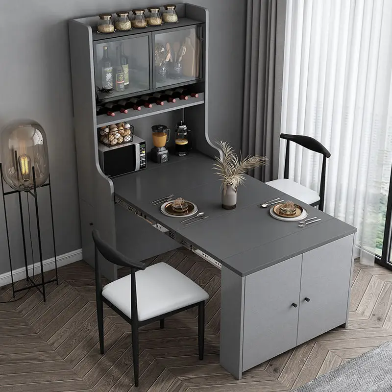 Modern Dining Room Furniture Sets Wood Dinner Table with Wine Cabinet and Sideboard Adjustable Extendable Dining Table Set — image 4