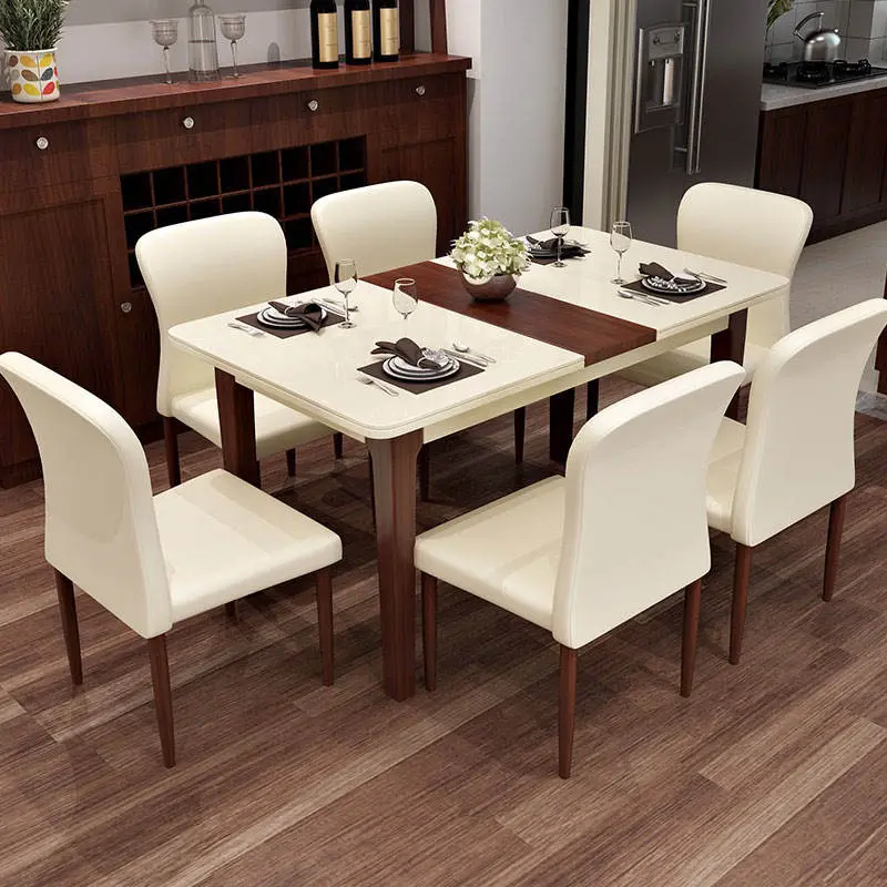 Luxury Morden Glass Top Wooden Legs Dining Table Set Dining Room Furniture Dining Table Set 6 Seater — image 2