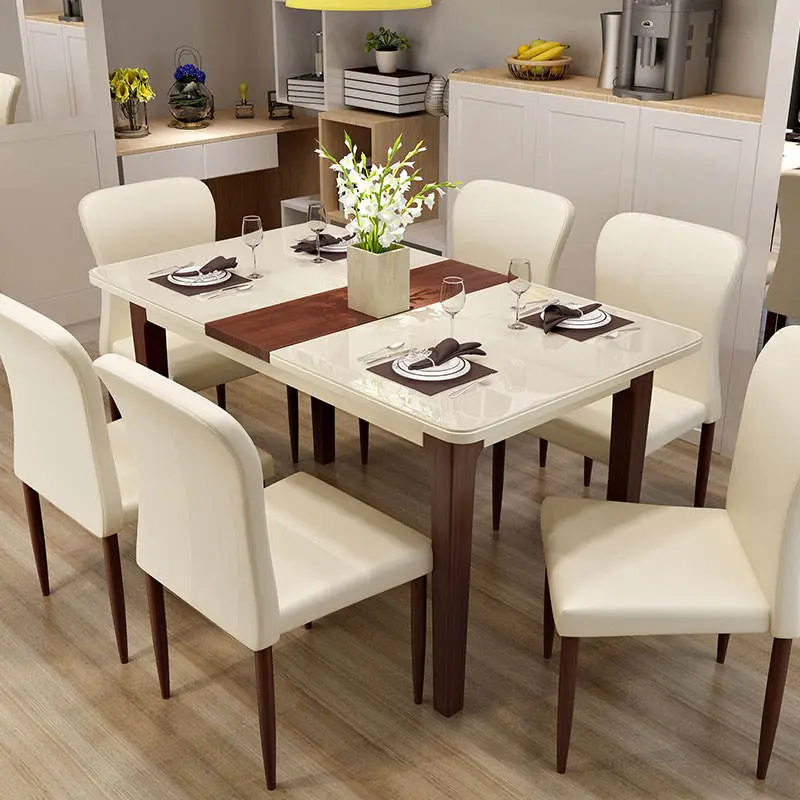 Luxury Morden Glass Top Wooden Legs Dining Table Set Dining Room Furniture Dining Table Set 6 Seater — image 3