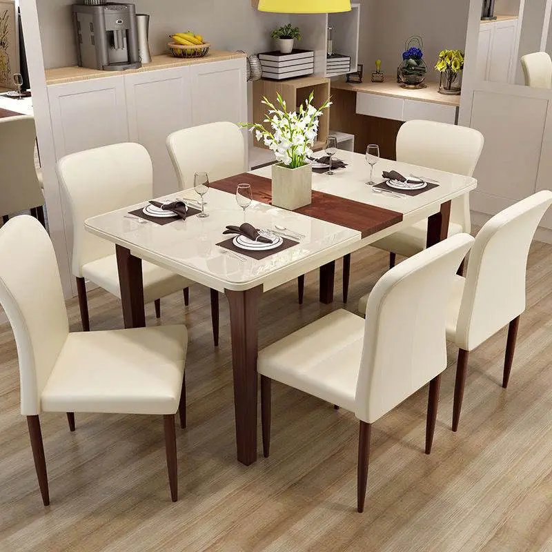 Luxury Morden Glass Top Wooden Legs Dining Table Set Dining Room Furniture Dining Table Set 6 Seater — image 4