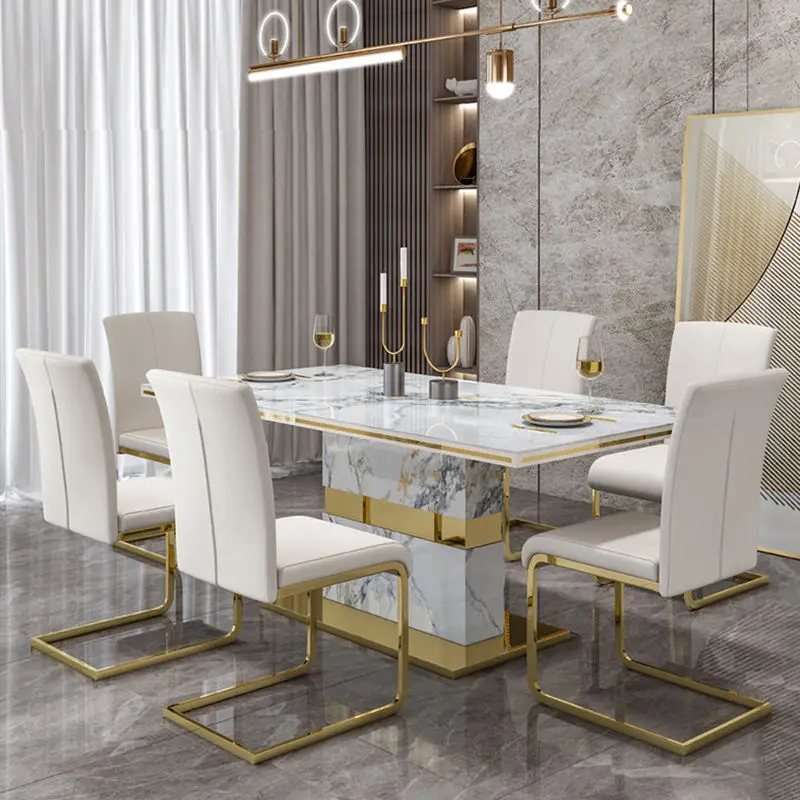 Luxury Stone Marble Dining Table and Chair Modern Stainless Steel Chassis Square Dining Table with 6 Chairs — view 1