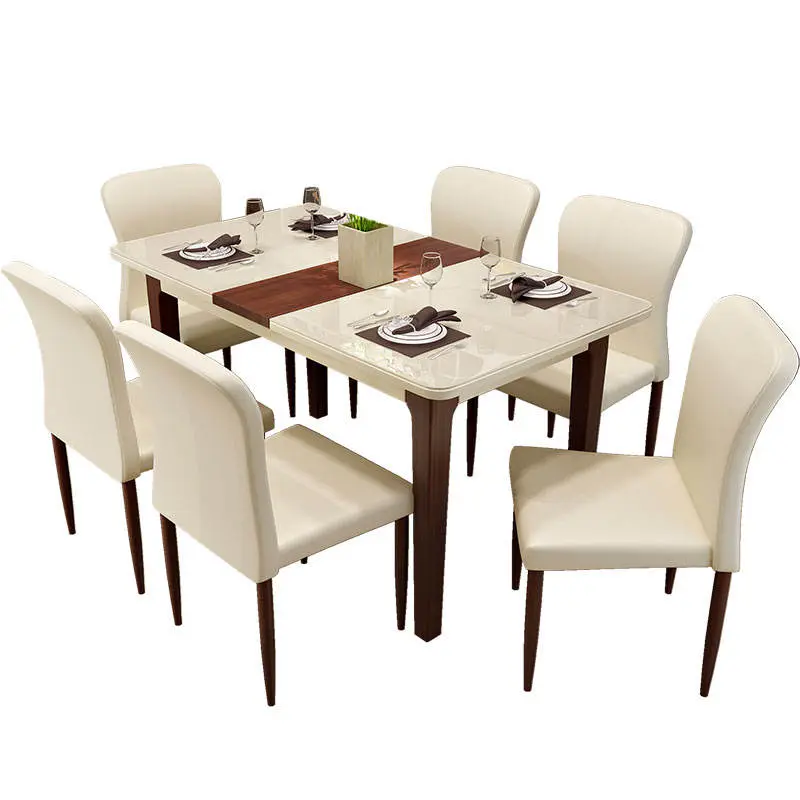 Luxury Morden Glass Top Wooden Legs Dining Table Set Dining Room Furniture Dining Table Set 6 Seater — image 6