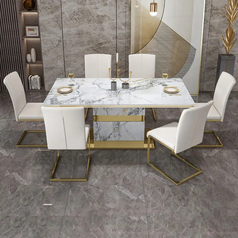 Luxury Stone Marble Dining Table and Chair Modern Stainless Steel Chassis Square Dining Table with 6 Chairs — image 2