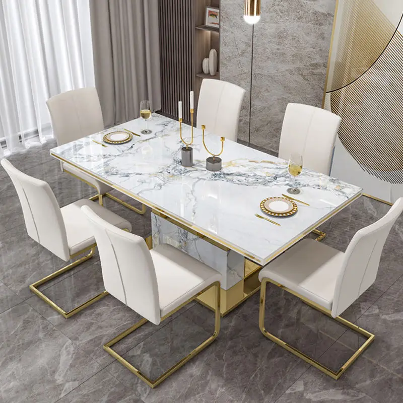 Luxury Stone Marble Dining Table and Chair Modern Stainless Steel Chassis Square Dining Table with 6 Chairs — image 3