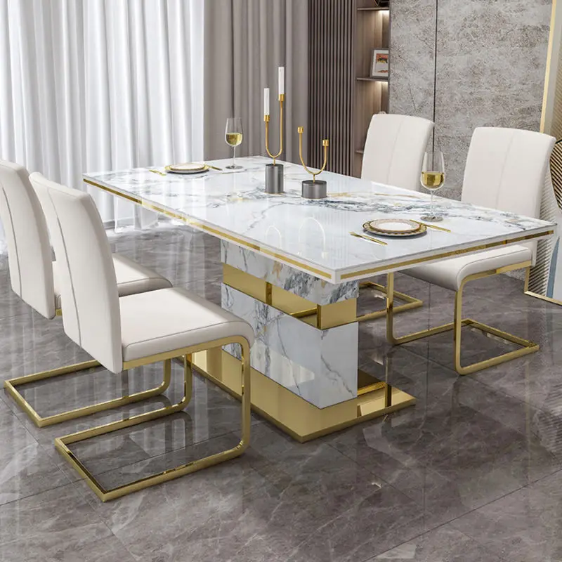 Luxury Stone Marble Dining Table and Chair Modern Stainless Steel Chassis Square Dining Table with 6 Chairs — image 4