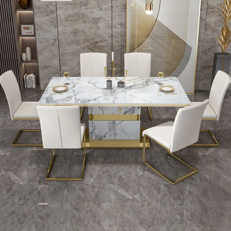 Luxury Stone Marble Dining Table and Chair Modern Stainless Steel Chassis Square Dining Table with 6 Chairs — image 5