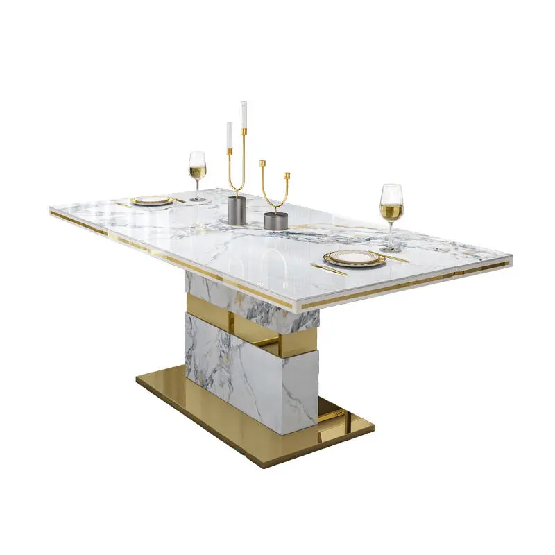 Luxury Stone Marble Dining Table and Chair Modern Stainless Steel Chassis Square Dining Table with 6 Chairs — image 6