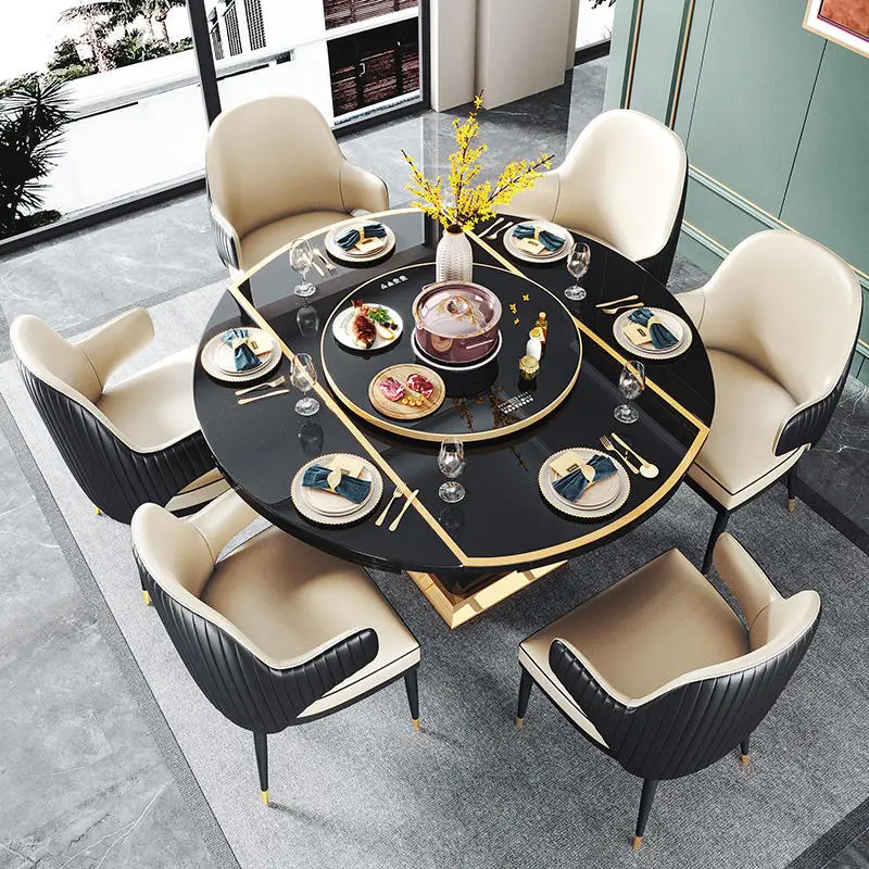 Black Tempered Glass Smart Heating Modern Dining Tables Luxury Extendable Round Dinning Table Set 6 Chairs for Dining Ro — view 1