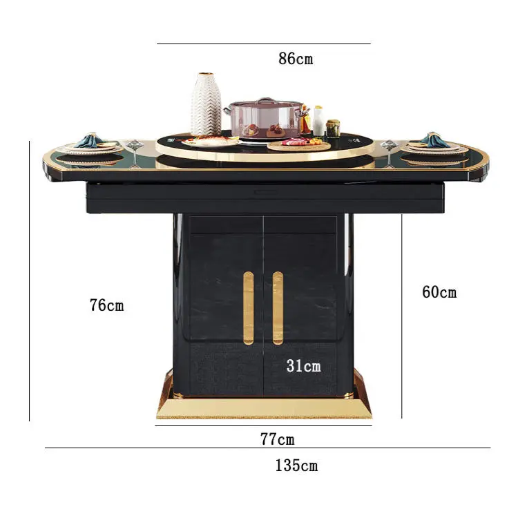 Black Tempered Glass Smart Heating Modern Dining Tables Luxury Extendable Round Dinning Table Set 6 Chairs for Dining Room — image 3