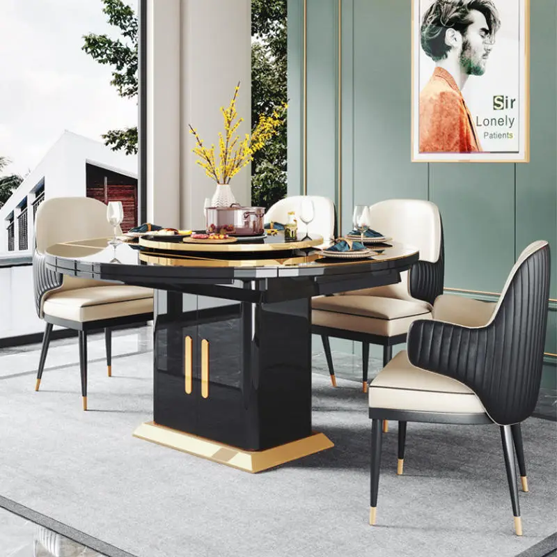 Black Tempered Glass Smart Heating Modern Dining Tables Luxury Extendable Round Dinning Table Set 6 Chairs for Dining Room — image 4