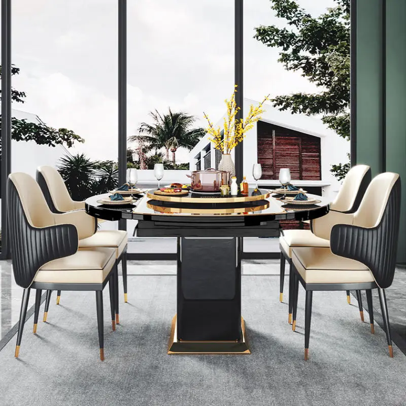 Black Tempered Glass Smart Heating Modern Dining Tables Luxury Extendable Round Dinning Table Set 6 Chairs for Dining Room — image 5