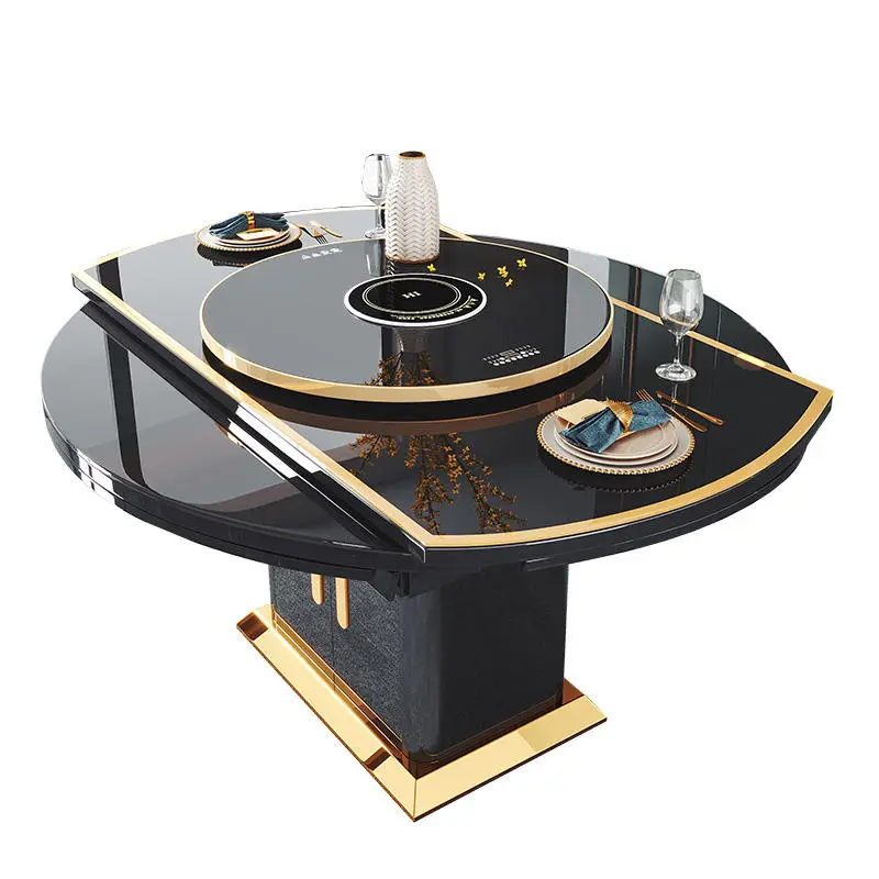 Black Tempered Glass Smart Heating Modern Dining Tables Luxury Extendable Round Dinning Table Set 6 Chairs for Dining Room — image 6