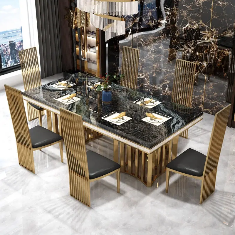 Luxury Upscale Modern Dining Room Furniture Dining Table Sets Antique Stainless Steel Marble Square Pedestal Dining Tabl — view 1