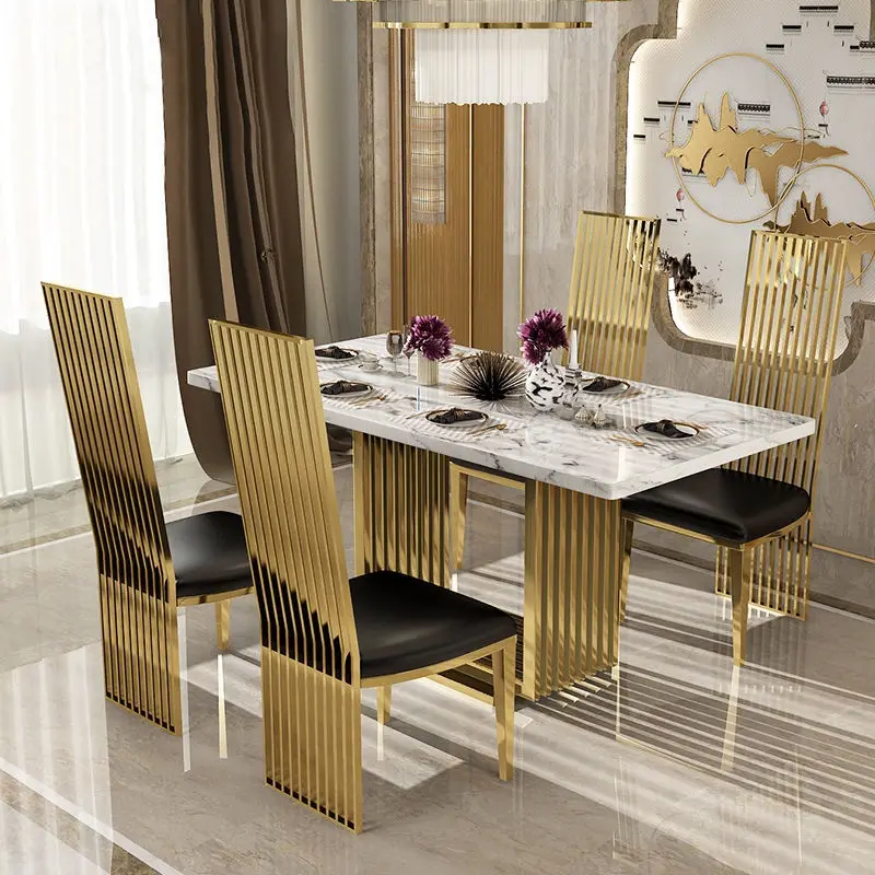 Luxury Upscale Modern Dining Room Furniture Dining Table Sets Antique Stainless Steel Marble Square Pedestal Dining Table Chairs — image 2