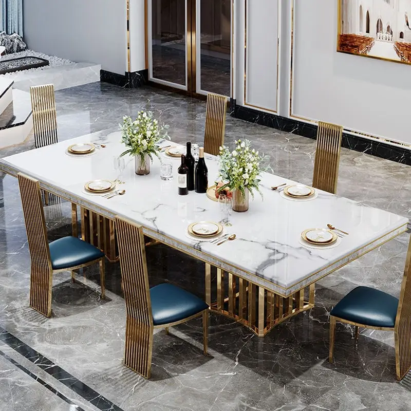 Luxury Upscale Modern Dining Room Furniture Dining Table Sets Antique Stainless Steel Marble Square Pedestal Dining Table Chairs — image 3