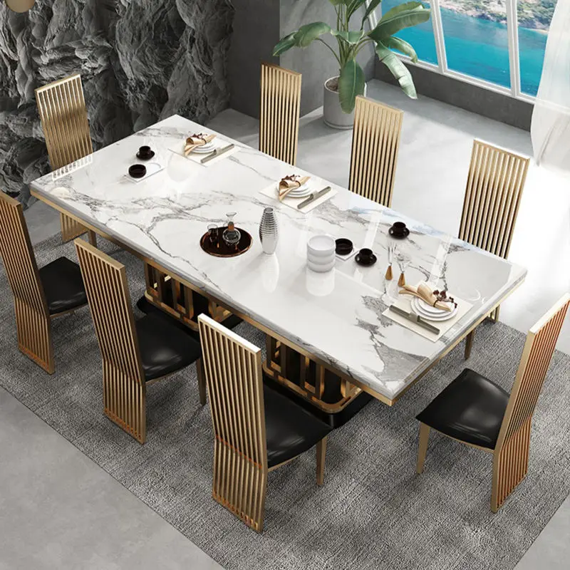 Luxury Upscale Modern Dining Room Furniture Dining Table Sets Antique Stainless Steel Marble Square Pedestal Dining Table Chairs — image 4