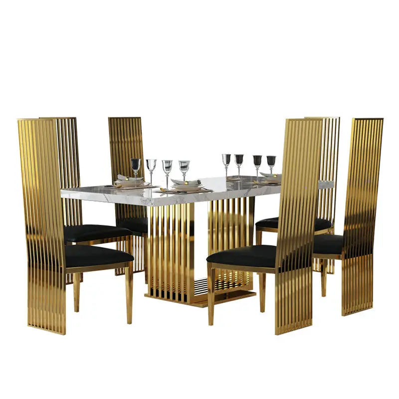 Luxury Upscale Modern Dining Room Furniture Dining Table Sets Antique Stainless Steel Marble Square Pedestal Dining Table Chairs — image 5