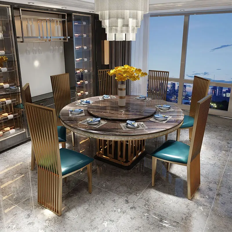Luxury Upscale Modern Dining Room Furniture Dining Table Sets Antique Stainless Steel Marble Square Pedestal Dining Table Chairs — image 6
