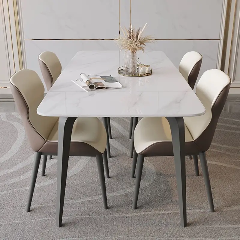 Customized New Modern Rectangle Simple Metal Legs Marble Dining Table Set with 8 Chairs for Hotel Dining Room — image 4