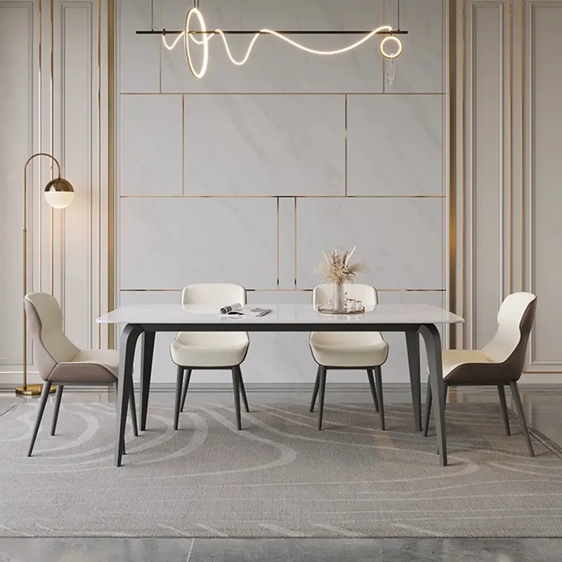 Customized New Modern Rectangle Simple Metal Legs Marble Dining Table Set with 8 Chairs for Hotel Dining Room — image 5