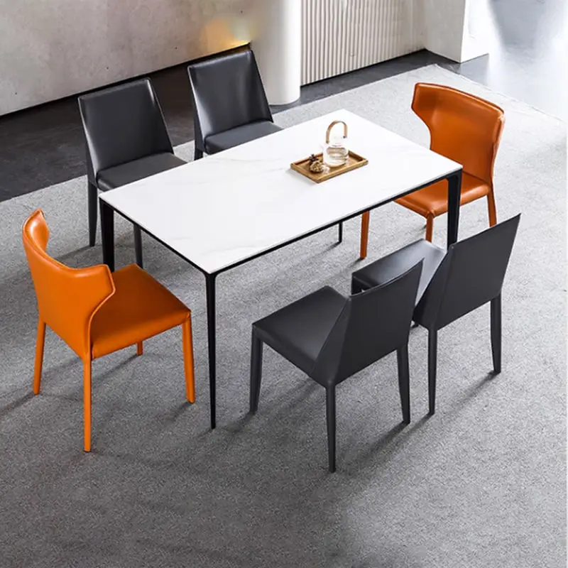 Dinning Table Set Classic 4/6 Seat Modern Marble Top Metal Leg and Upholstered Pu Chair Dining Table Set — view 1