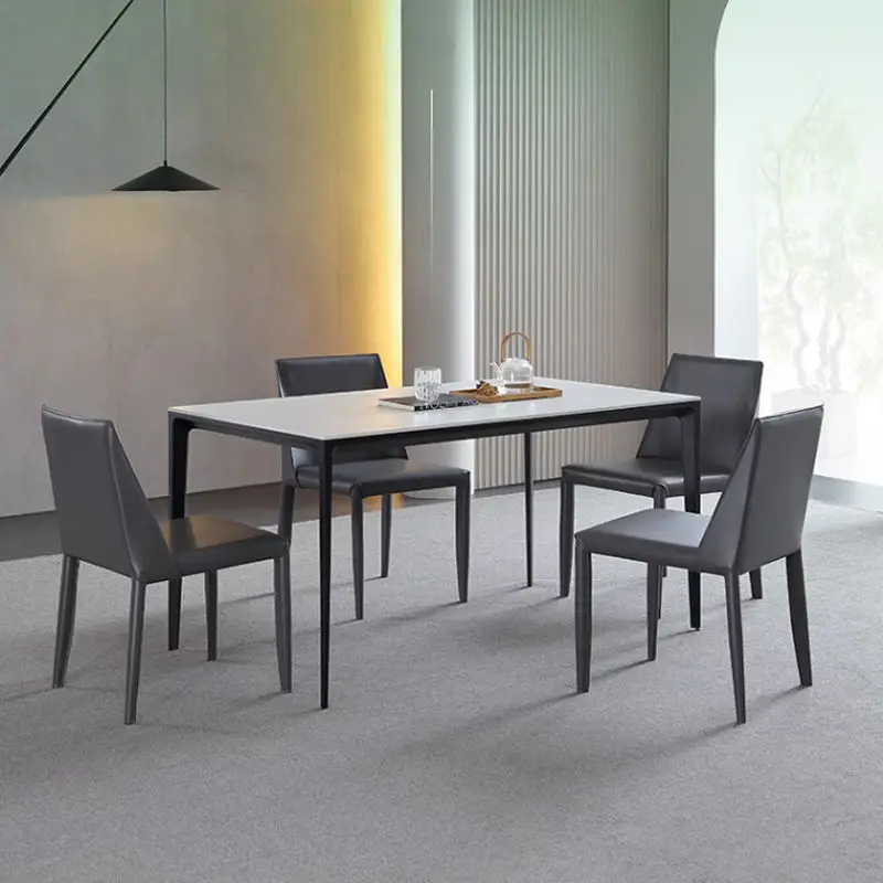 Dinning Table Set Classic 4/6 Seat Modern Marble Top Metal Leg and Upholstered Pu Chair Dining Table Set — image 3