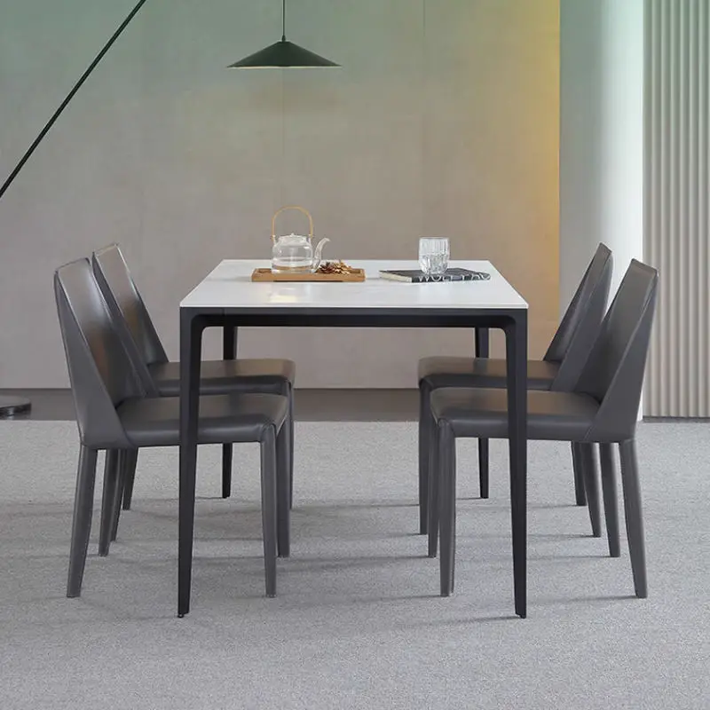 Dinning Table Set Classic 4/6 Seat Modern Marble Top Metal Leg and Upholstered Pu Chair Dining Table Set — image 4