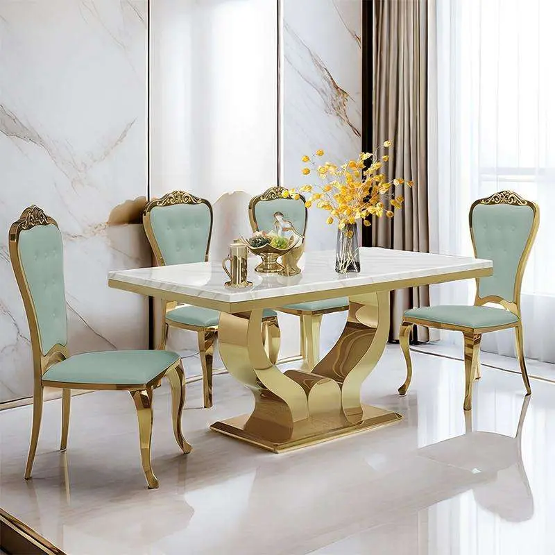 Stainless Steel Dinning Table Set Dining Base Chairs Marble Modern New Luxury 6 Style Living House Packing Room — image 4